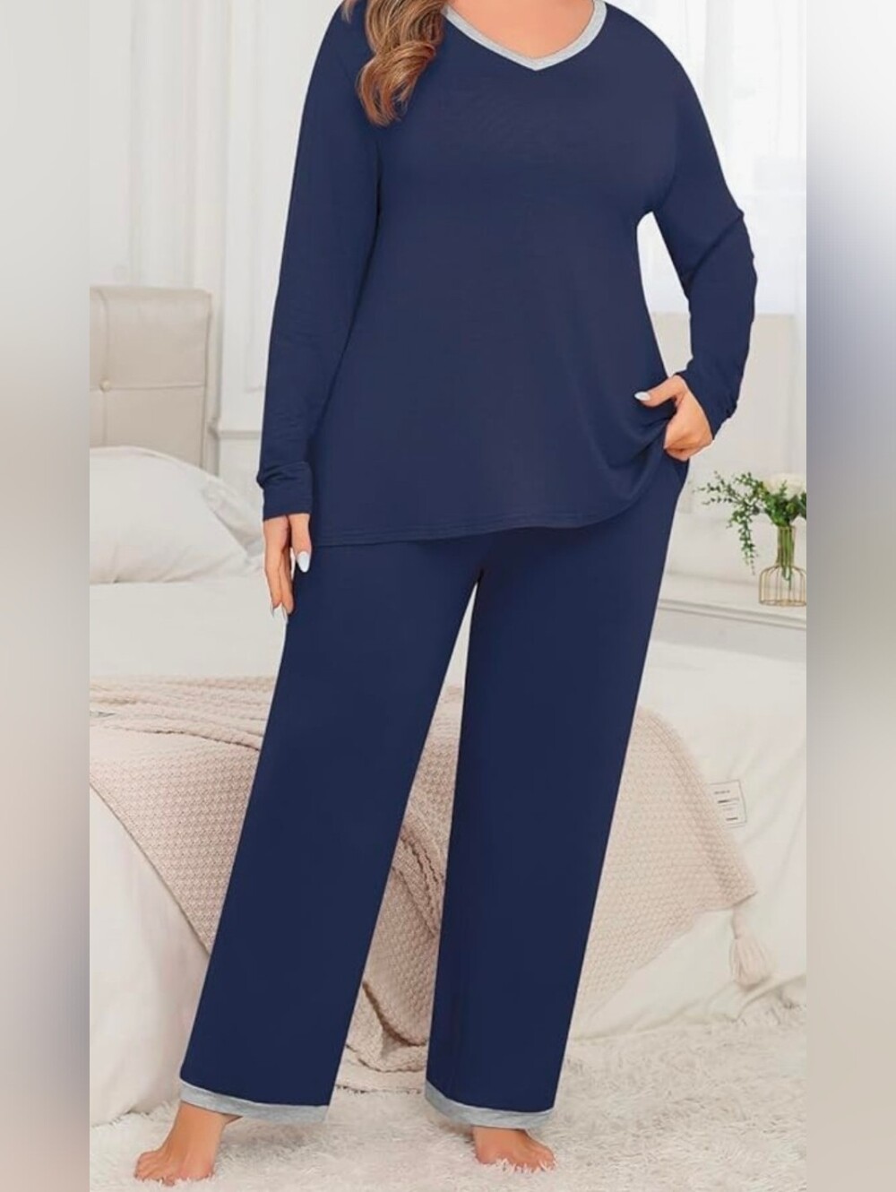 Plus-Size V-Neck Long Sleeve Pajama Set in Navy